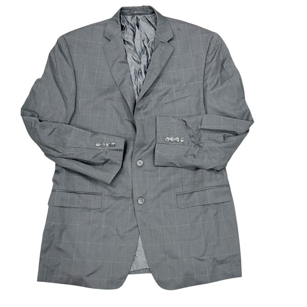 Calvin Klein Men's 44L Grey Windowpane Plaid 100% Wool 2-Button Suit Blazer